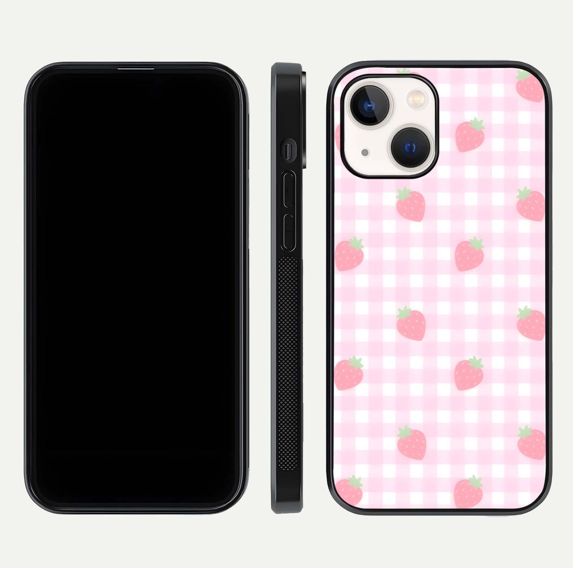 Strawberry Picnic Love iPhone 14 glass phone case front and side layout view showing slim profile and full picnic design