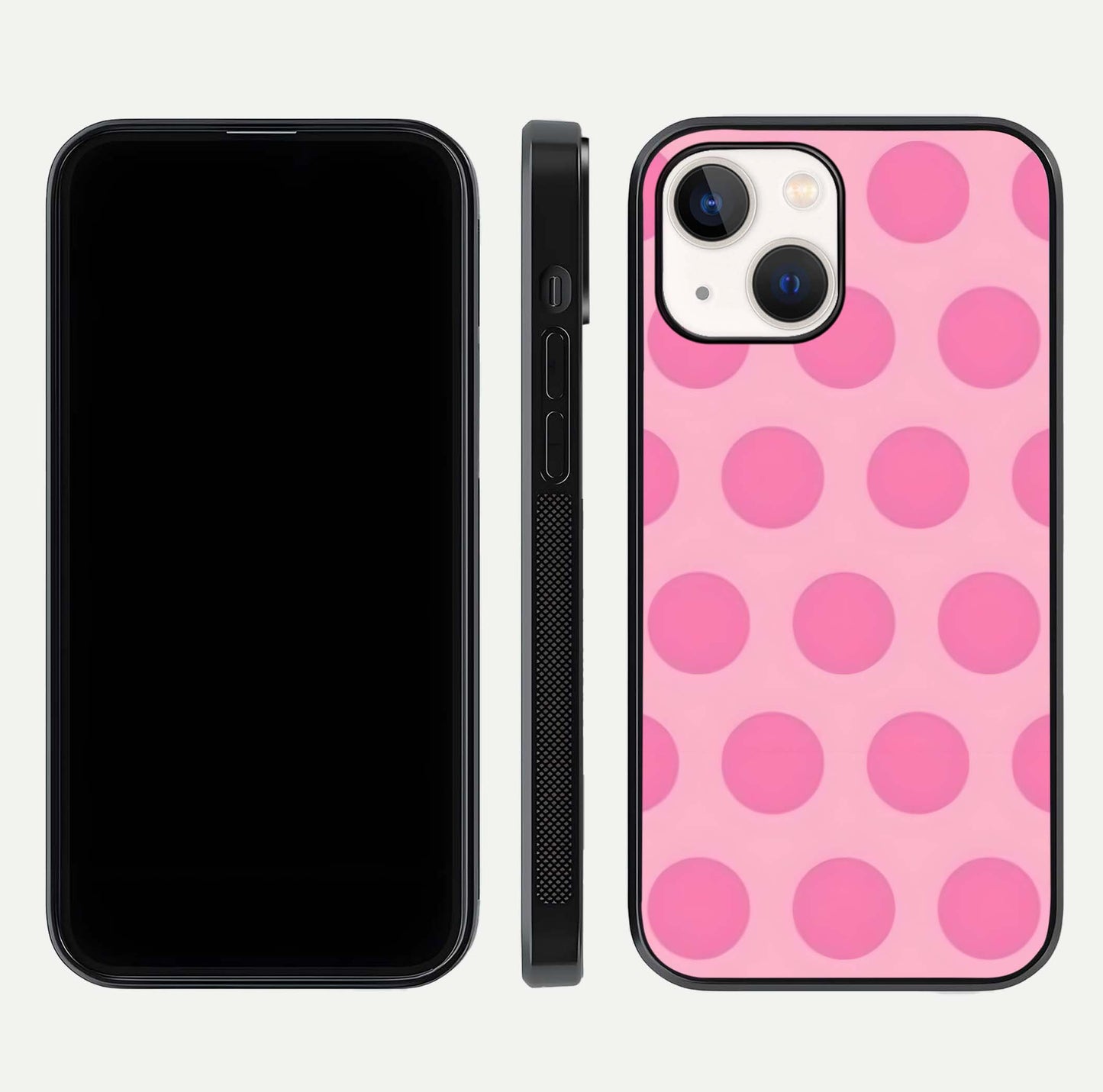 Sweet Dot Dreams iPhone 14 glass phone case front and side layout view displaying slim build and full dot design