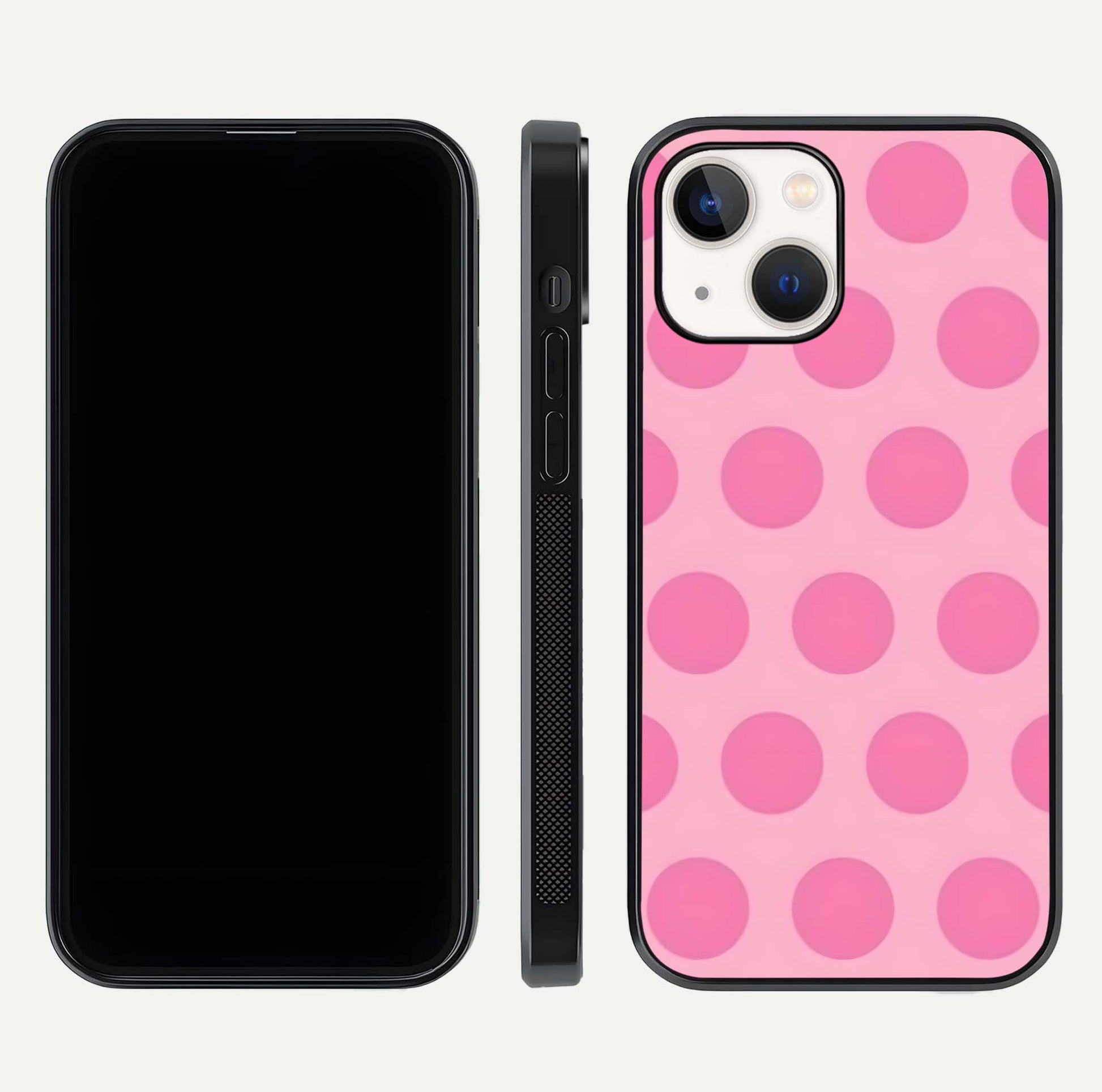 Sweet Dot Dreams iPhone 14 glass phone case front and side layout view displaying slim build and full dot design