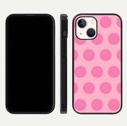 Sweet Dot Dreams iPhone 14 glass phone case front and side layout view displaying slim build and full dot design