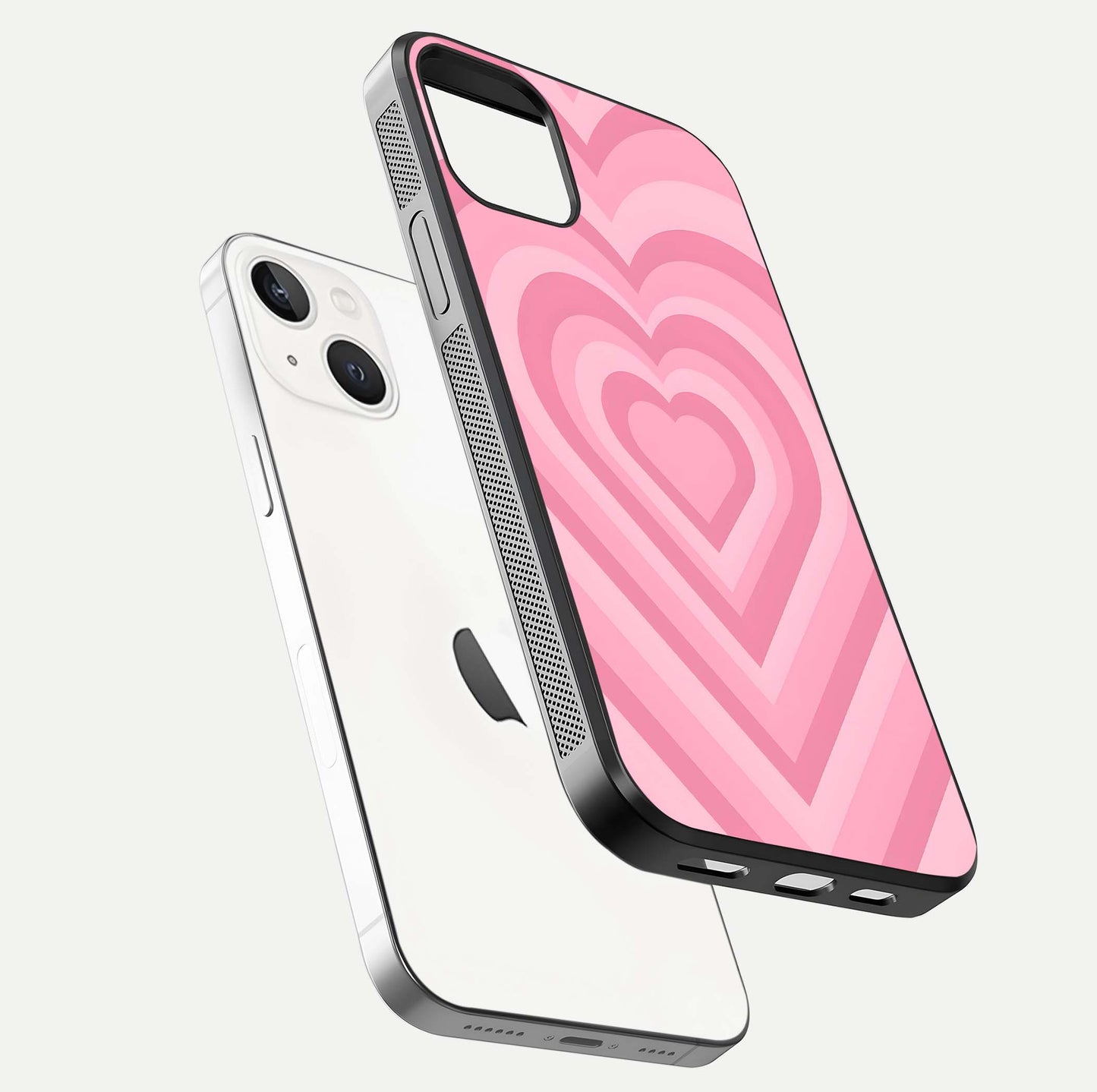 Blush Heart Waves iPhone 14 glass phone case floating view emphasizing glossy finish and layered heart design