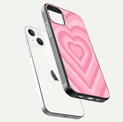 Blush Heart Waves iPhone 14 glass phone case floating view emphasizing glossy finish and layered heart design