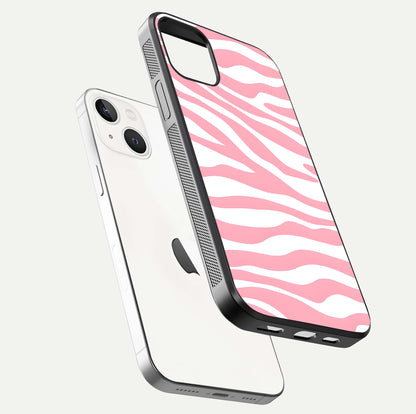 Blush Zebra Flow iPhone 14 glass phone case floating view emphasizing premium glossy surface and dynamic design
