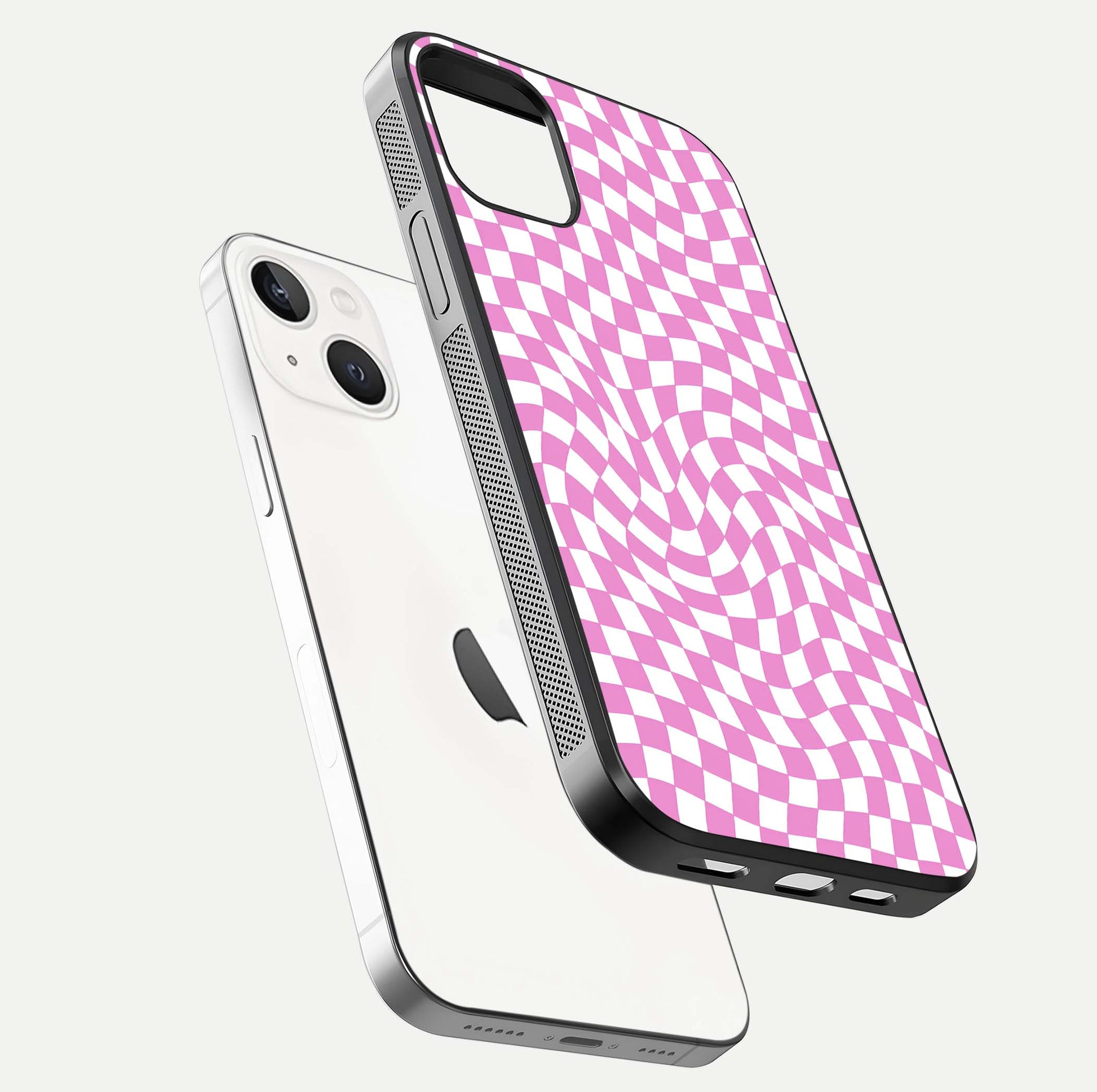 Bubblegum Check Wave iPhone 14 glass phone case floating view emphasizing premium glass finish and vibrant design