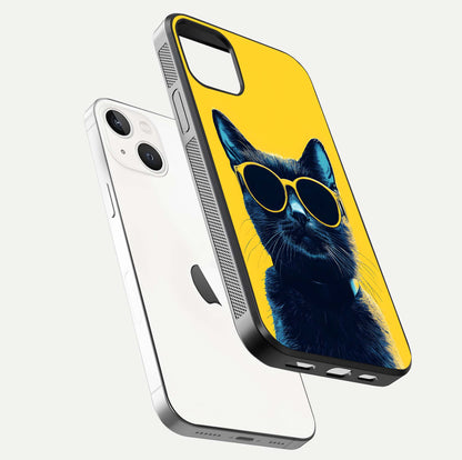 Cool Cat Vibes iPhone 14 glass phone case floating view emphasizing glossy finish and fun cat vibe