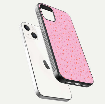 Cosmic Pink Sparkle iPhone 14 glass phone case floating view emphasizing premium glass surface and glittering details