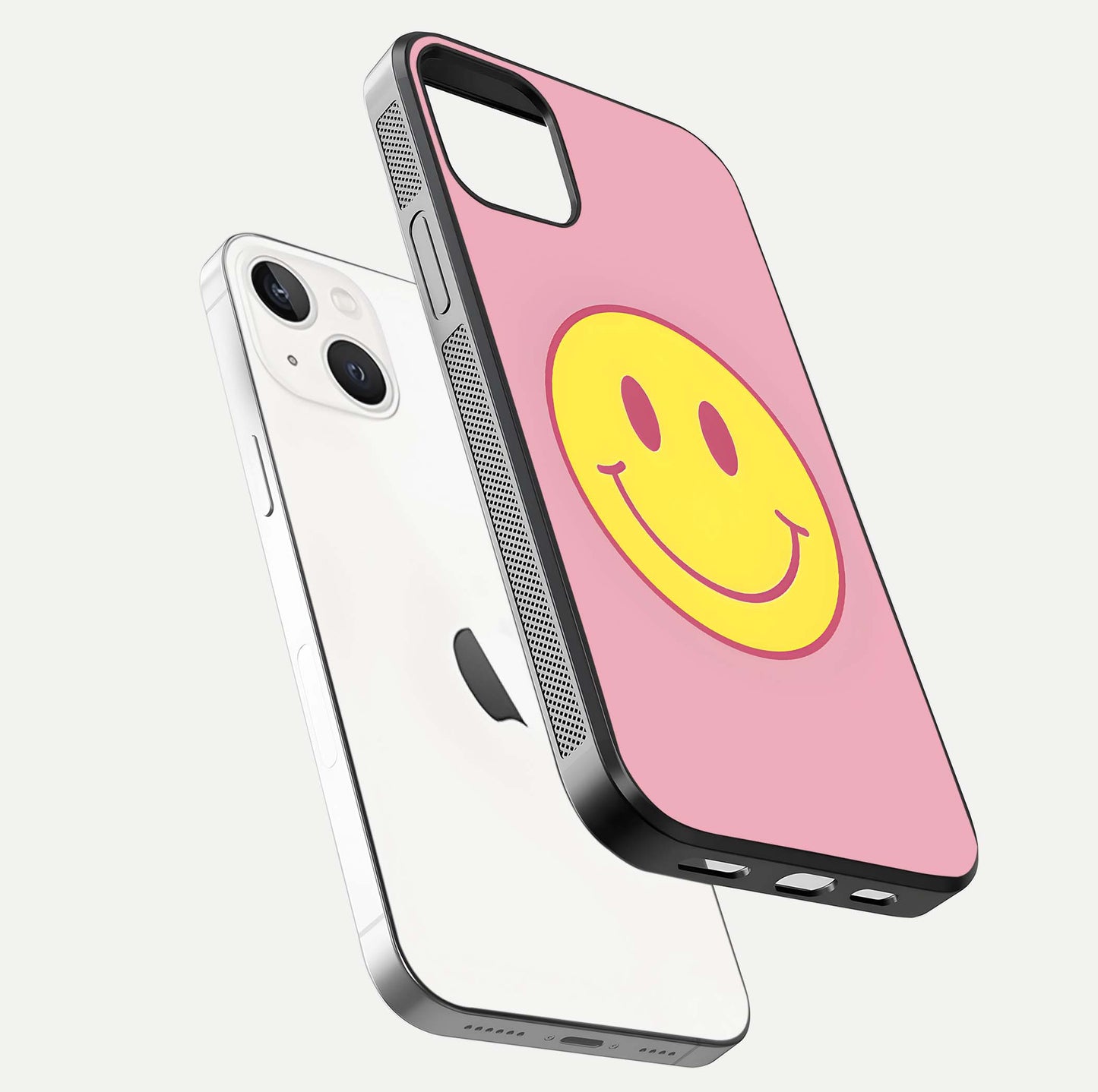 Happy Pink Mood iPhone 14 glass phone case floating view emphasizing glossy finish and joyful color palette