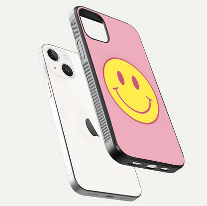 Happy Pink Mood iPhone 14 glass phone case floating view emphasizing glossy finish and joyful color palette