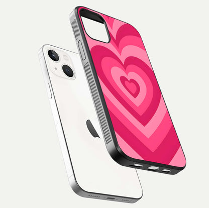 Layered Love Hearts iPhone 14 glass phone case floating view emphasizing glossy surface and layered heart details