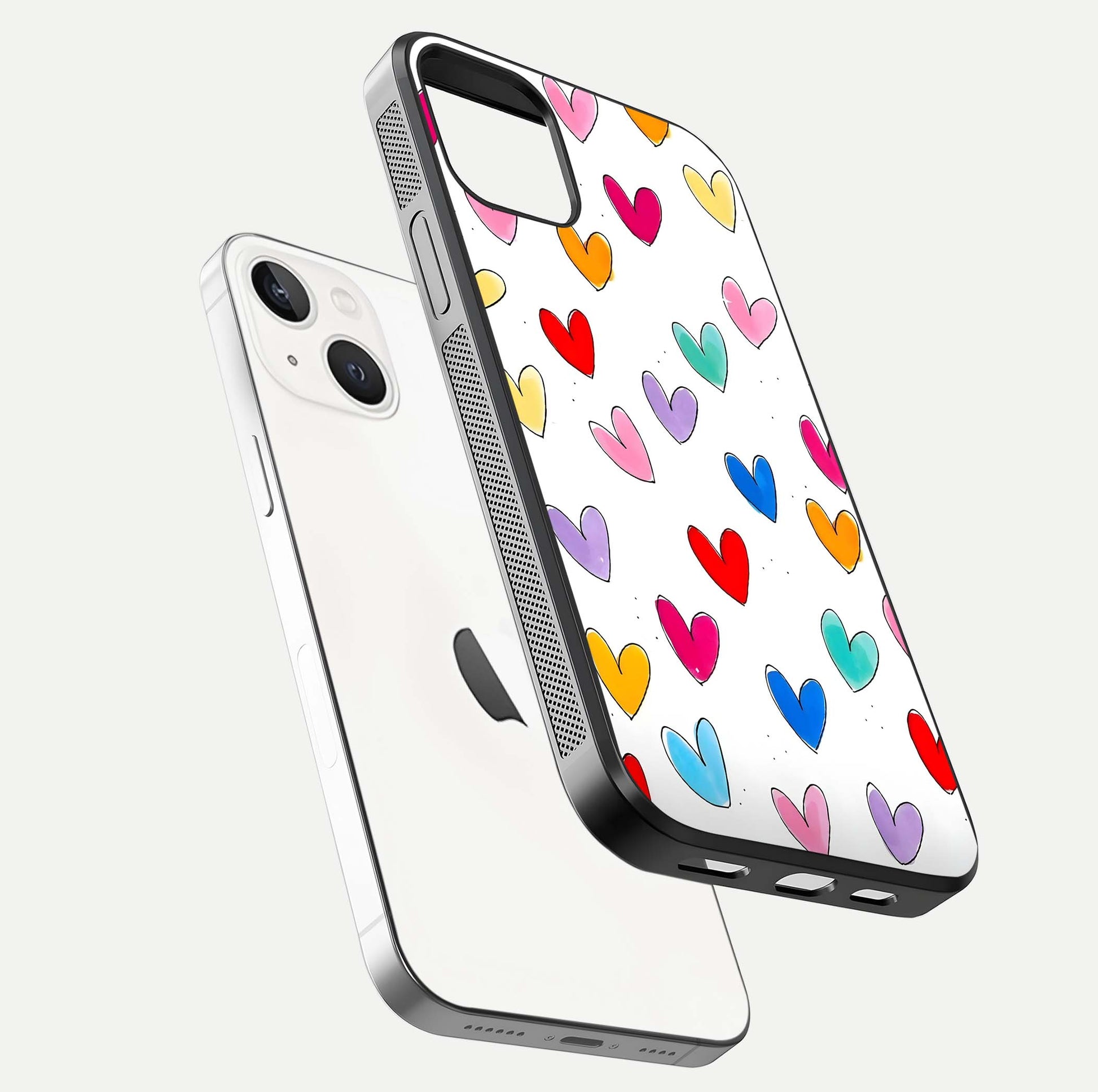Playful Love Doodles iPhone 14 glass phone case floating view emphasizing glossy finish and playful design