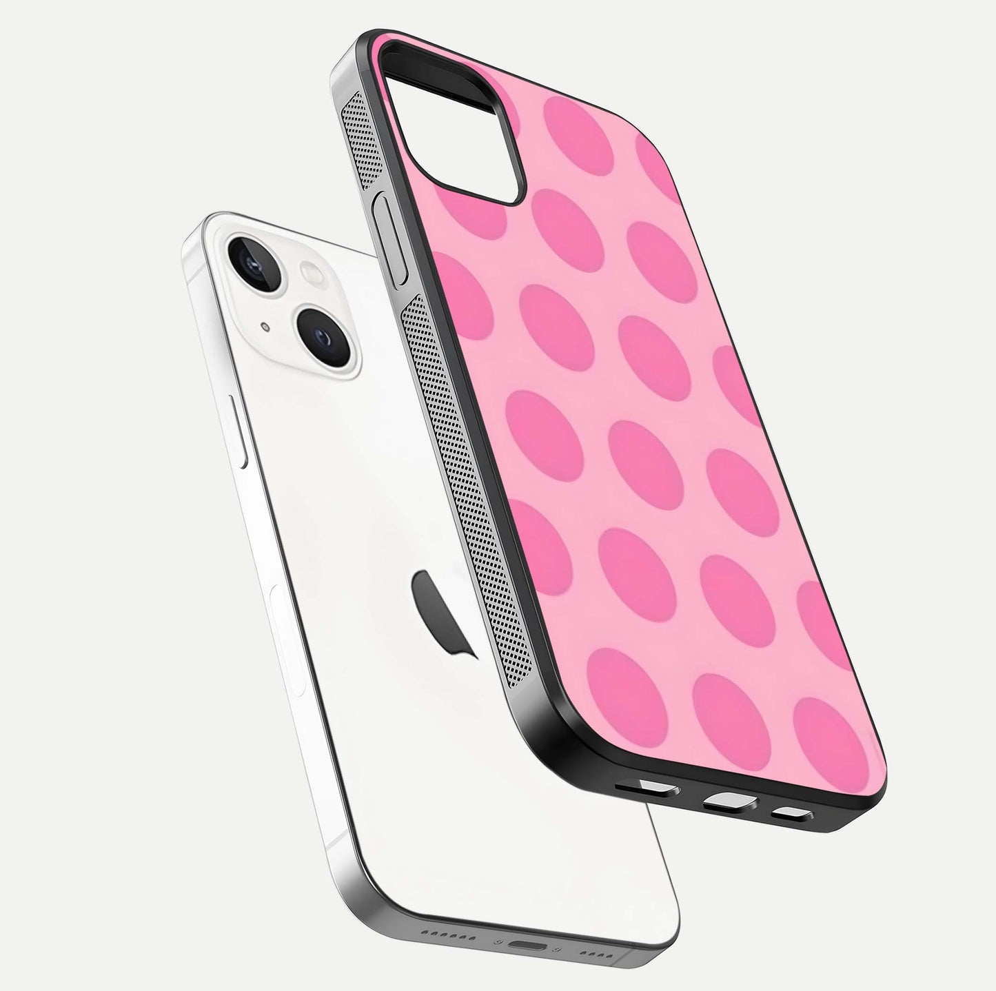 Sweet Dot Dreams iPhone 14 glass phone case floating view emphasizing glossy surface and soft playful styling