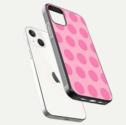 Sweet Dot Dreams iPhone 14 glass phone case floating view emphasizing glossy surface and soft playful styling