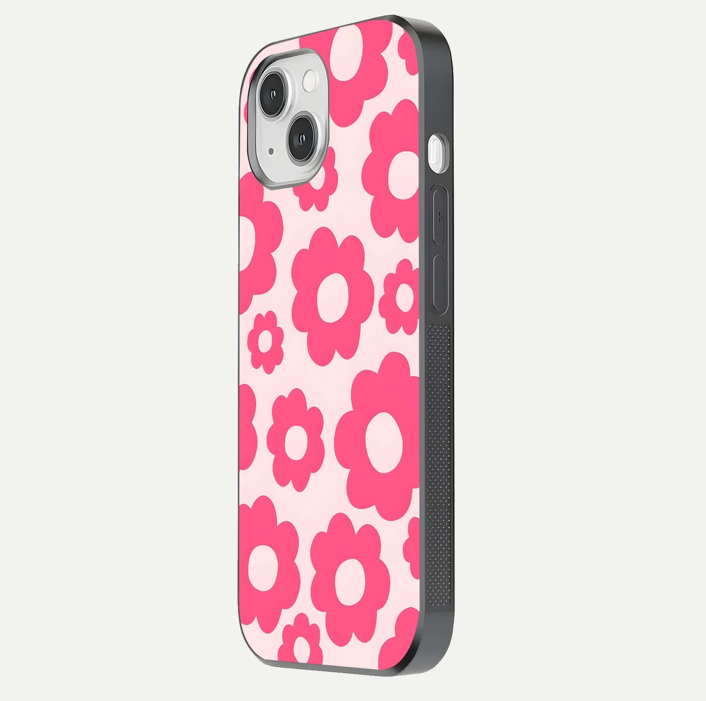 Blush Flower Pop iPhone 14 glass phone case side profile view focusing on clean edges and seamless floral wrap