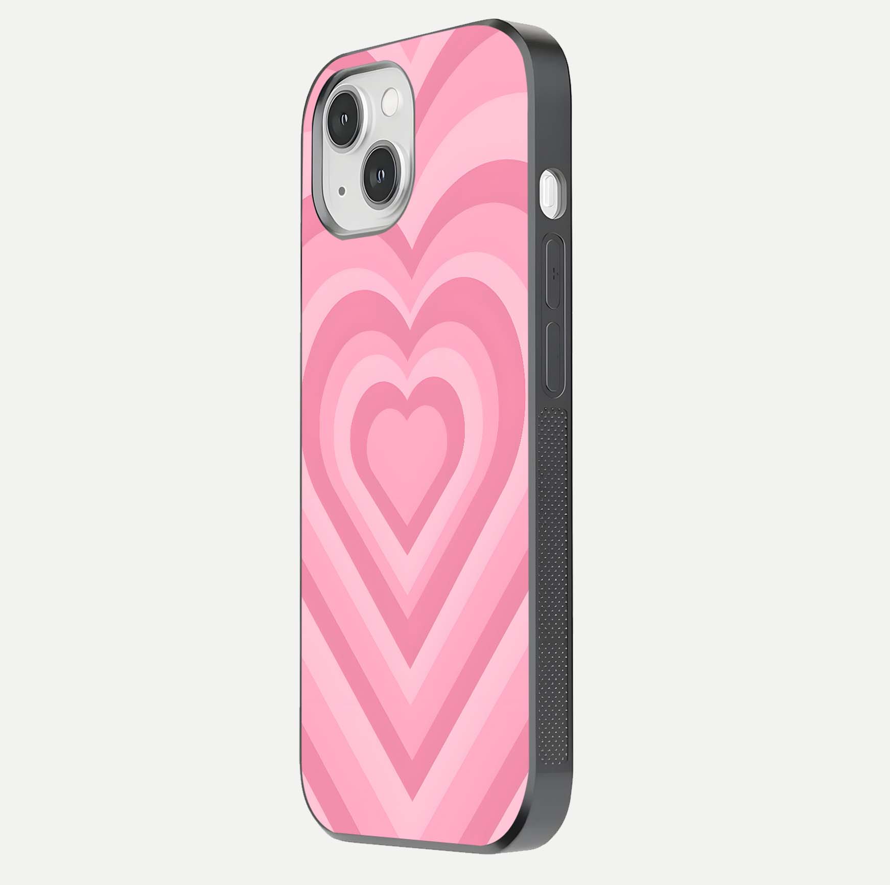 Blush Heart Waves iPhone 14 glass phone case side profile view focusing on smooth edges and elegant wrap
