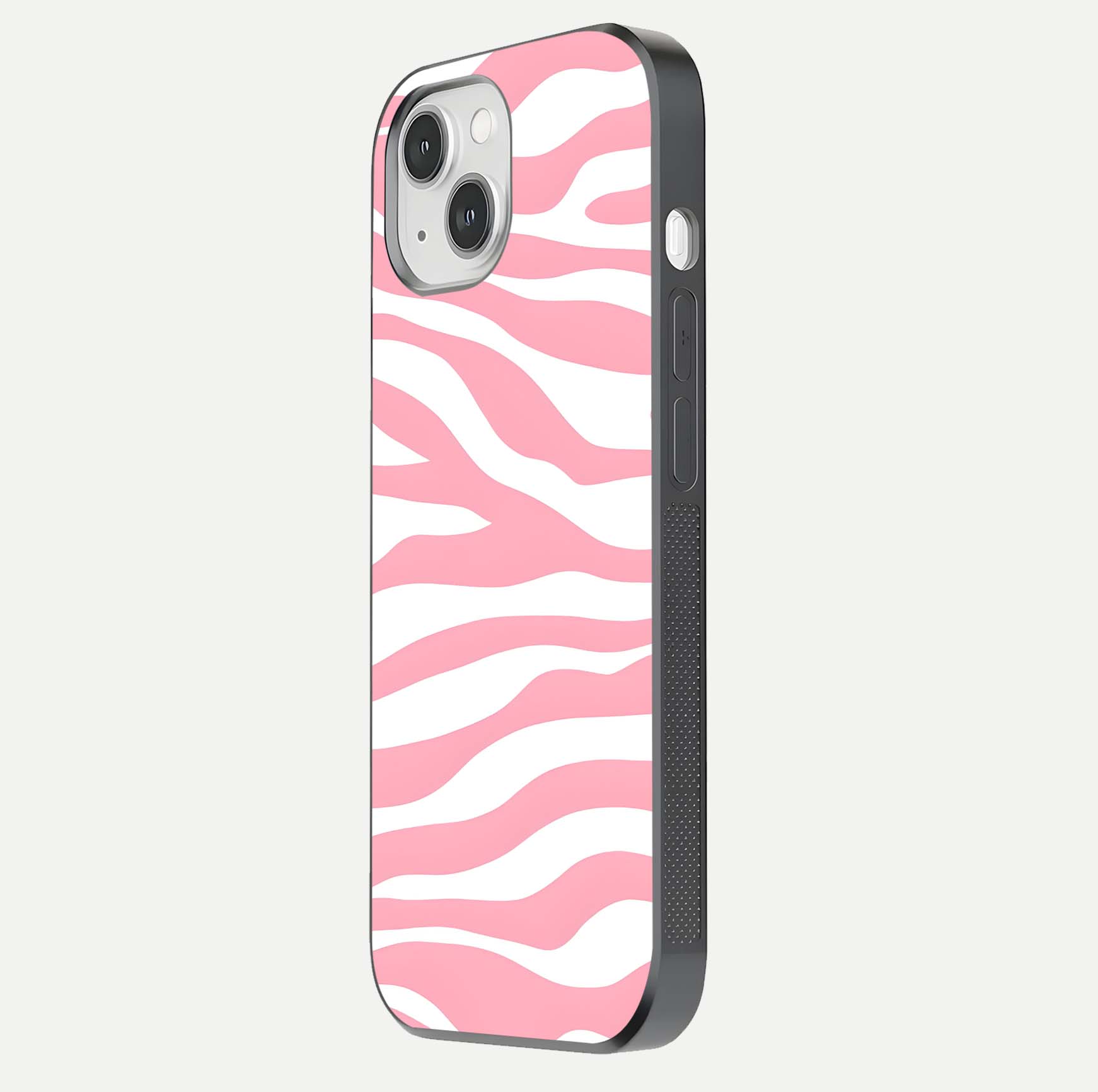 Blush Zebra Flow iPhone 14 glass phone case side profile view focusing on sleek frame and seamless wrap