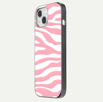 Blush Zebra Flow iPhone 14 glass phone case side profile view focusing on sleek frame and seamless wrap
