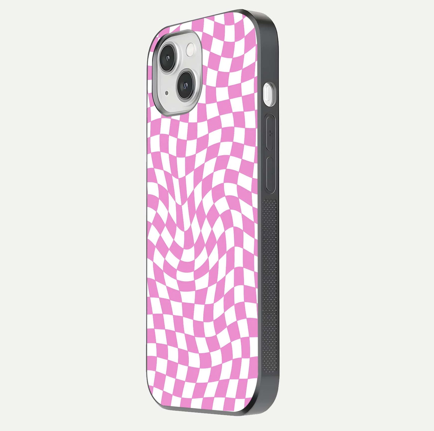 Bubblegum Check Wave iPhone 14 glass phone case side profile view focusing on smooth edges and seamless wrap