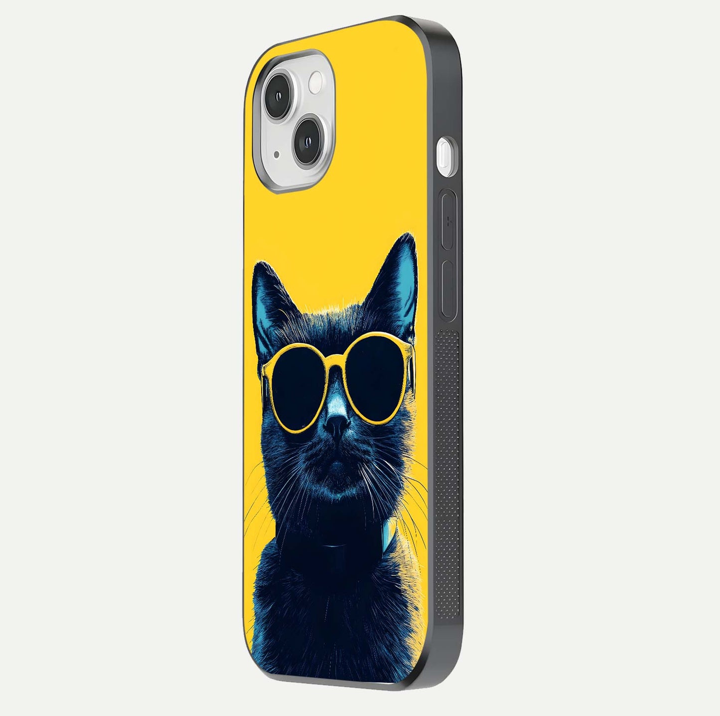 Cool Cat Vibes iPhone 14 glass phone case side profile view focusing on sleek edges and seamless wrap