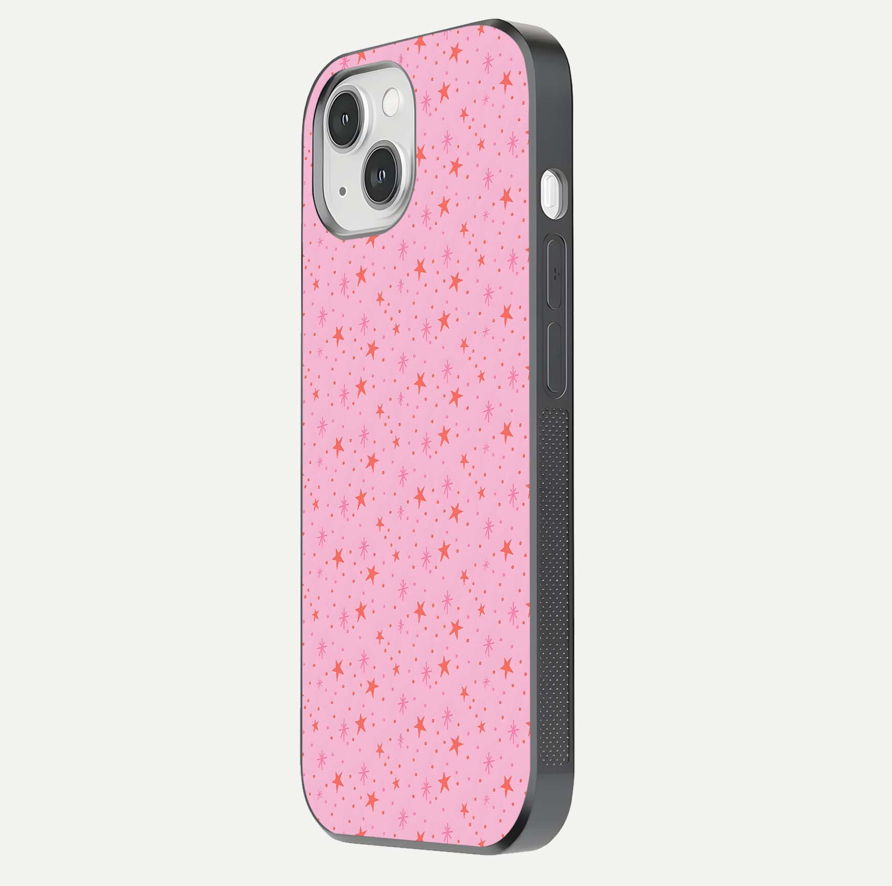 Cosmic Pink Sparkle iPhone 14 glass phone case side profile view focusing on sleek edges and seamless wrap