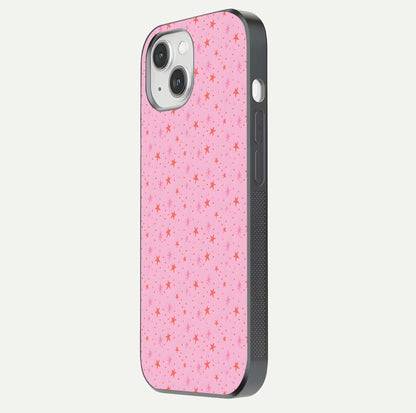 Cosmic Pink Sparkle iPhone 14 glass phone case side profile view focusing on sleek edges and seamless wrap