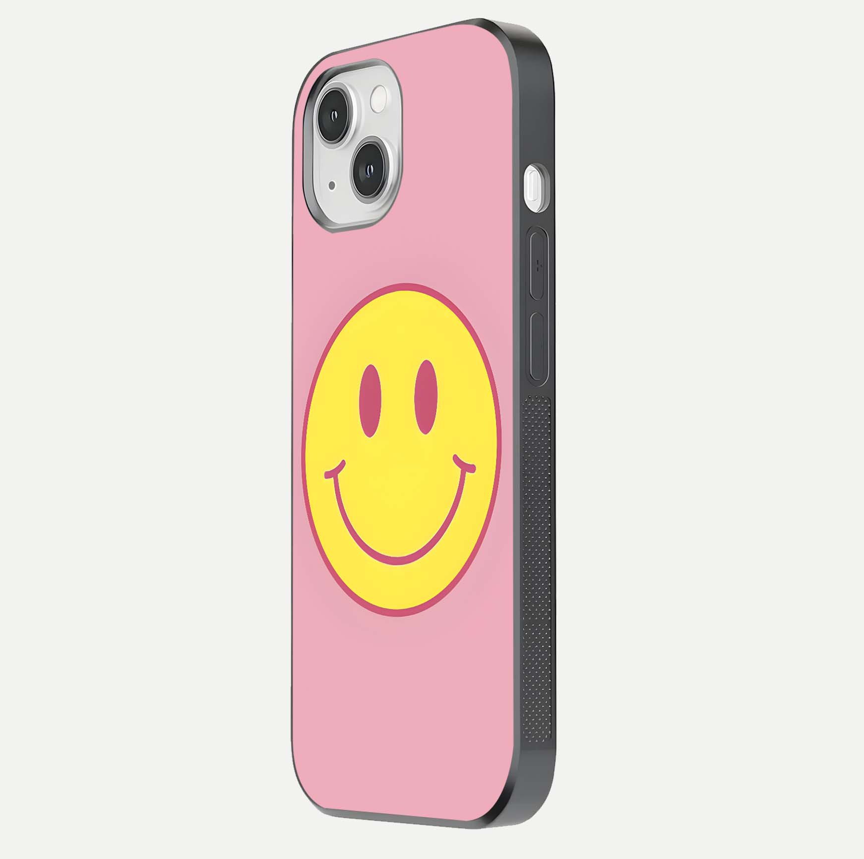Happy Pink Mood iPhone 14 glass phone case side profile view focusing on smooth frame and clean wrap