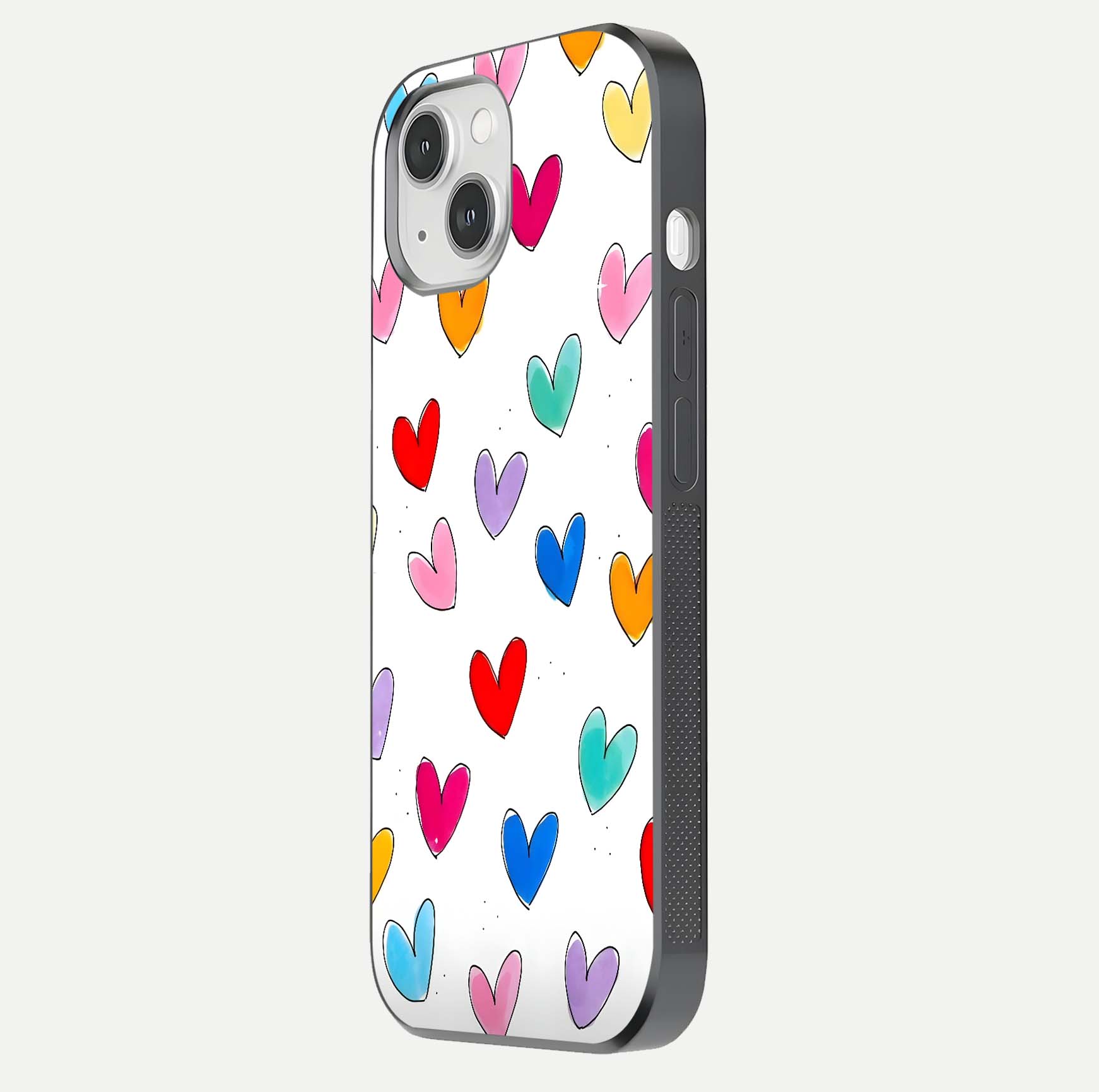 Playful Love Doodles iPhone 14 glass phone case side profile view focusing on smooth frame and seamless wrap
