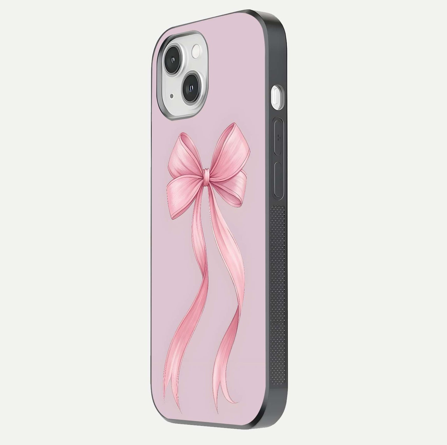 Soft Blush Bow iPhone 14 glass phone case side profile view focusing on sleek edges and seamless wrap