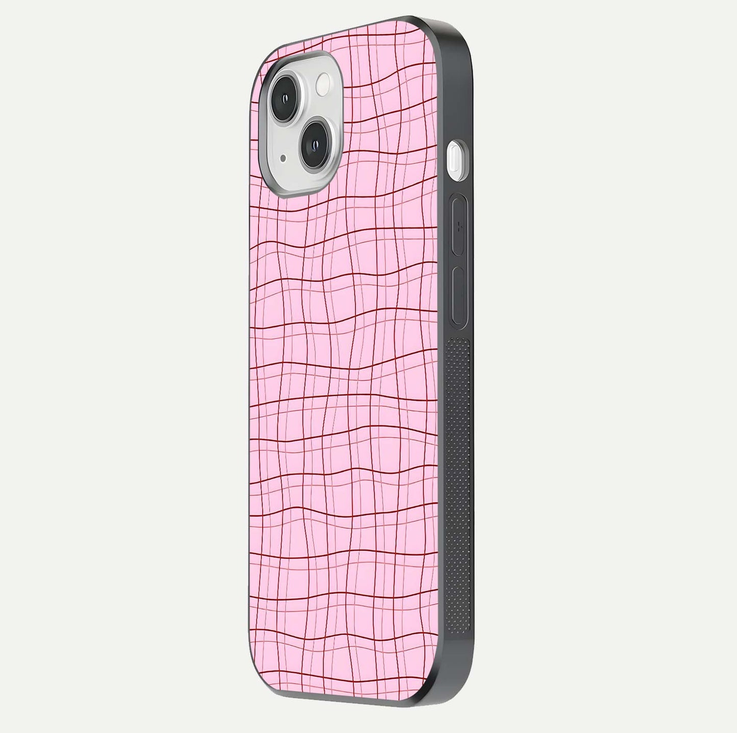 Soft Grid Bliss iPhone 14 glass phone case side profile view focusing on sleek edges and seamless wrap