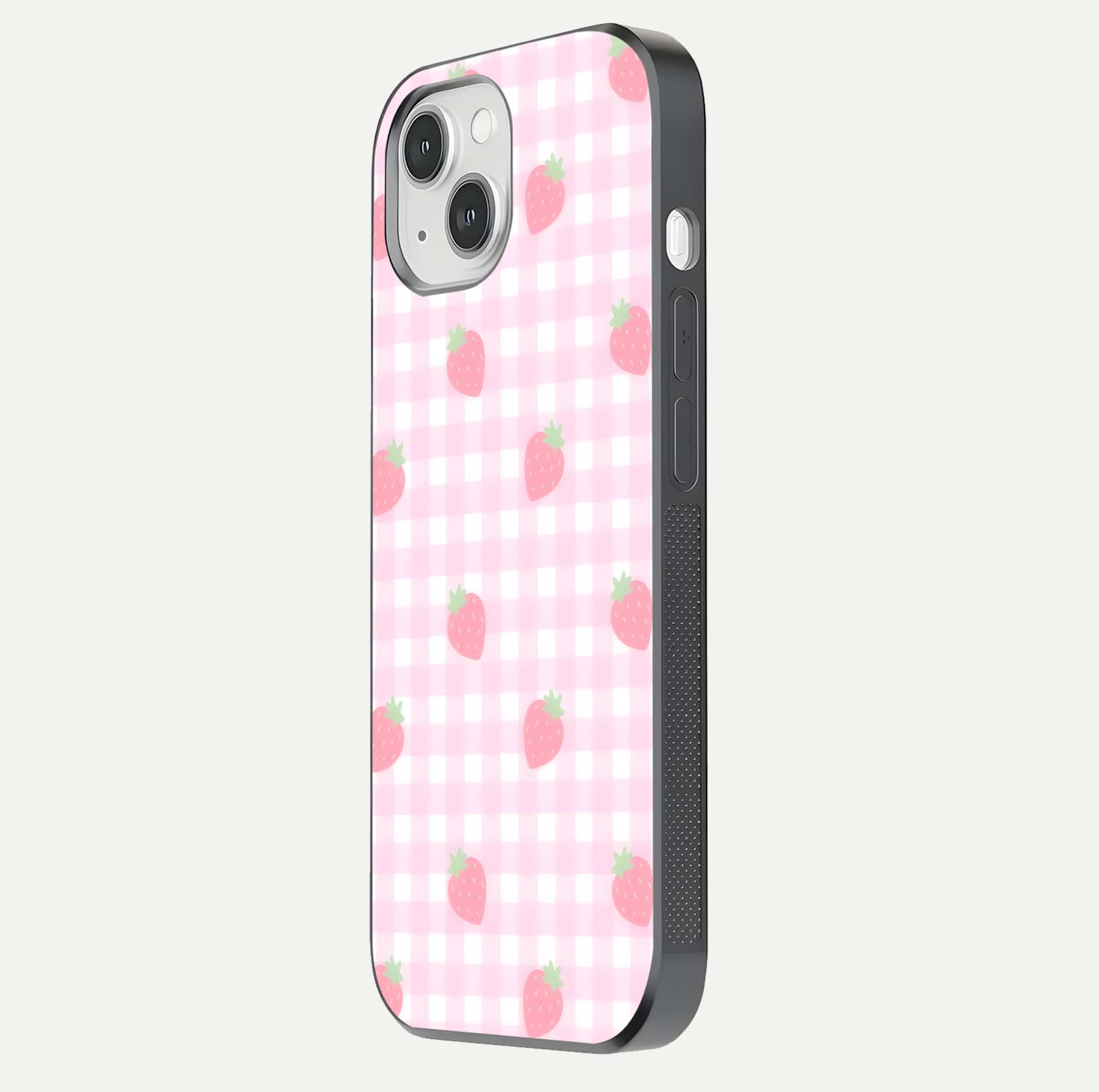Strawberry Picnic Love iPhone 14 glass phone case side profile view focusing on smooth frame and seamless wrap