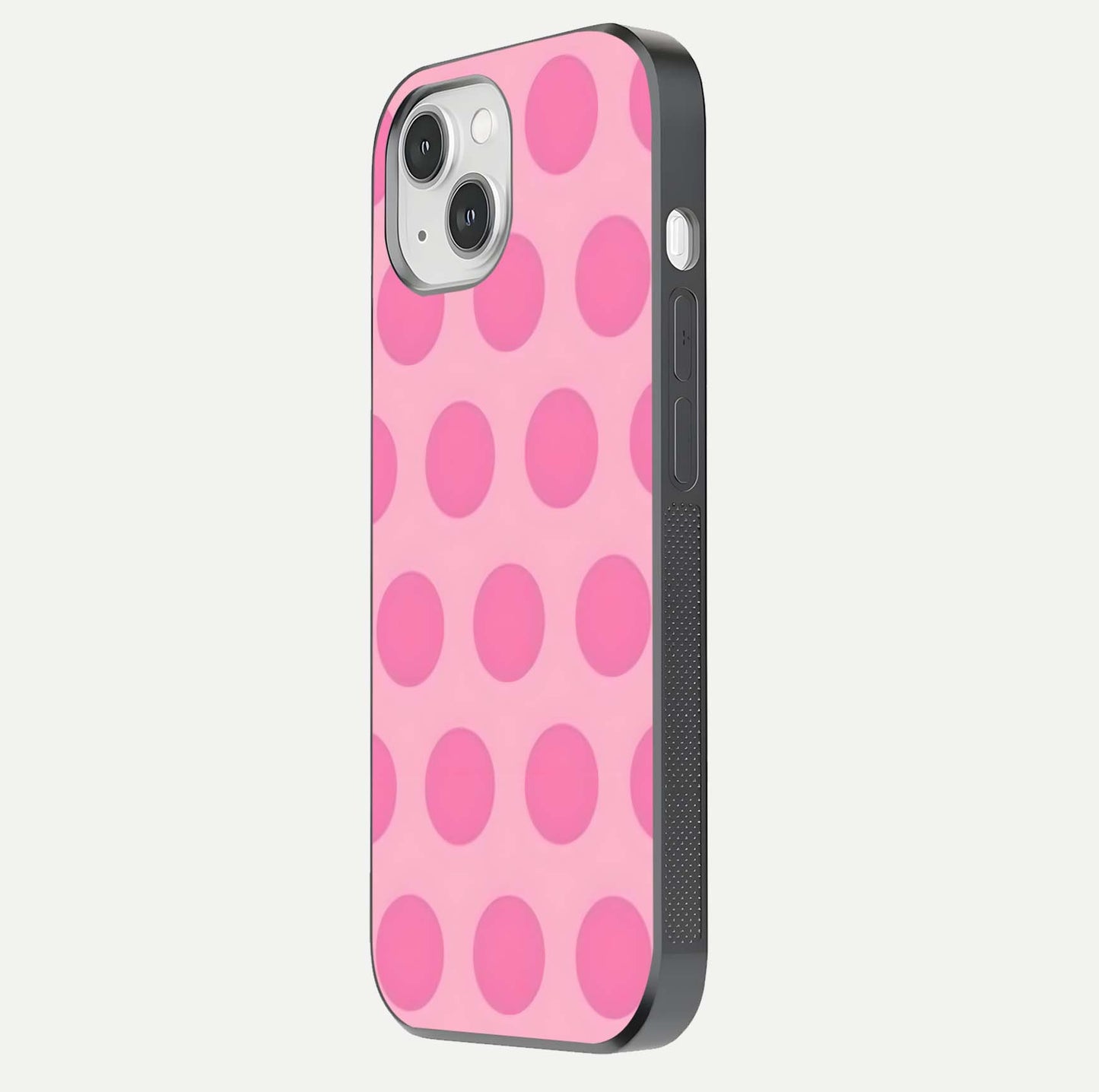 Sweet Dot Dreams iPhone 14 glass phone case side profile view focusing on sleek edges and seamless wrap