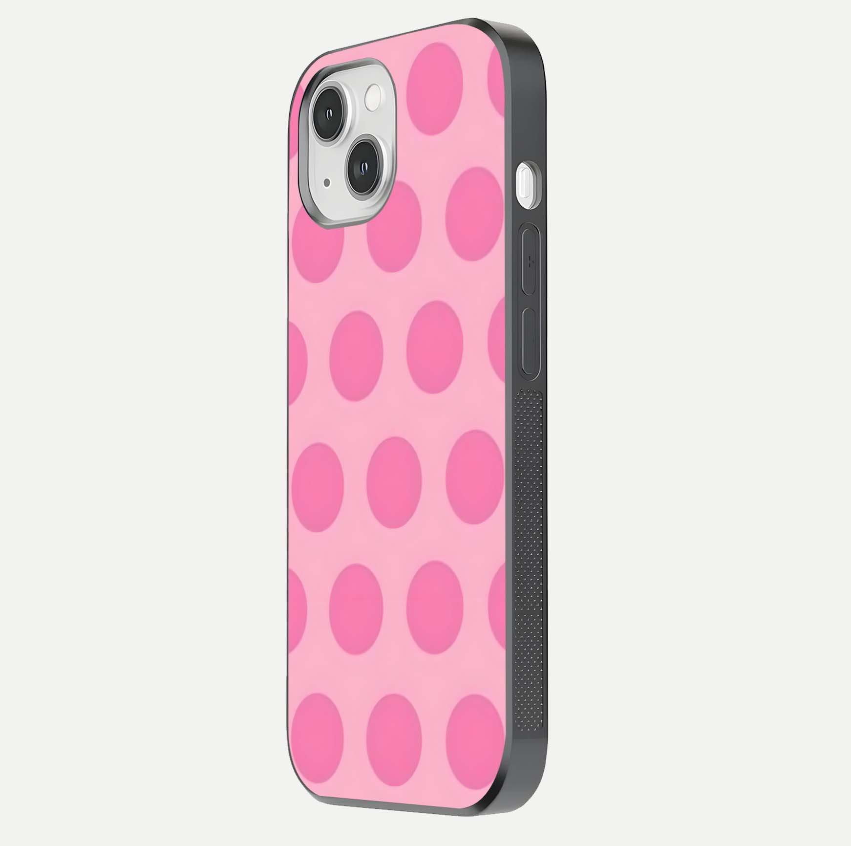 Sweet Dot Dreams iPhone 14 glass phone case side profile view focusing on sleek edges and seamless wrap