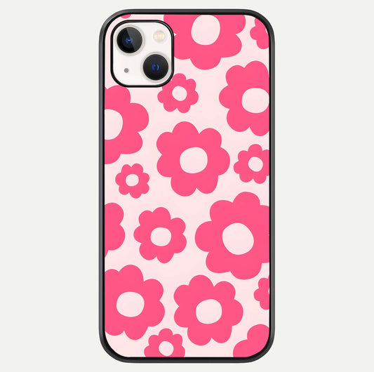 Blush Flower Pop iPhone 14 Plus glass phone case front view featuring playful blush floral artwork with glossy finish