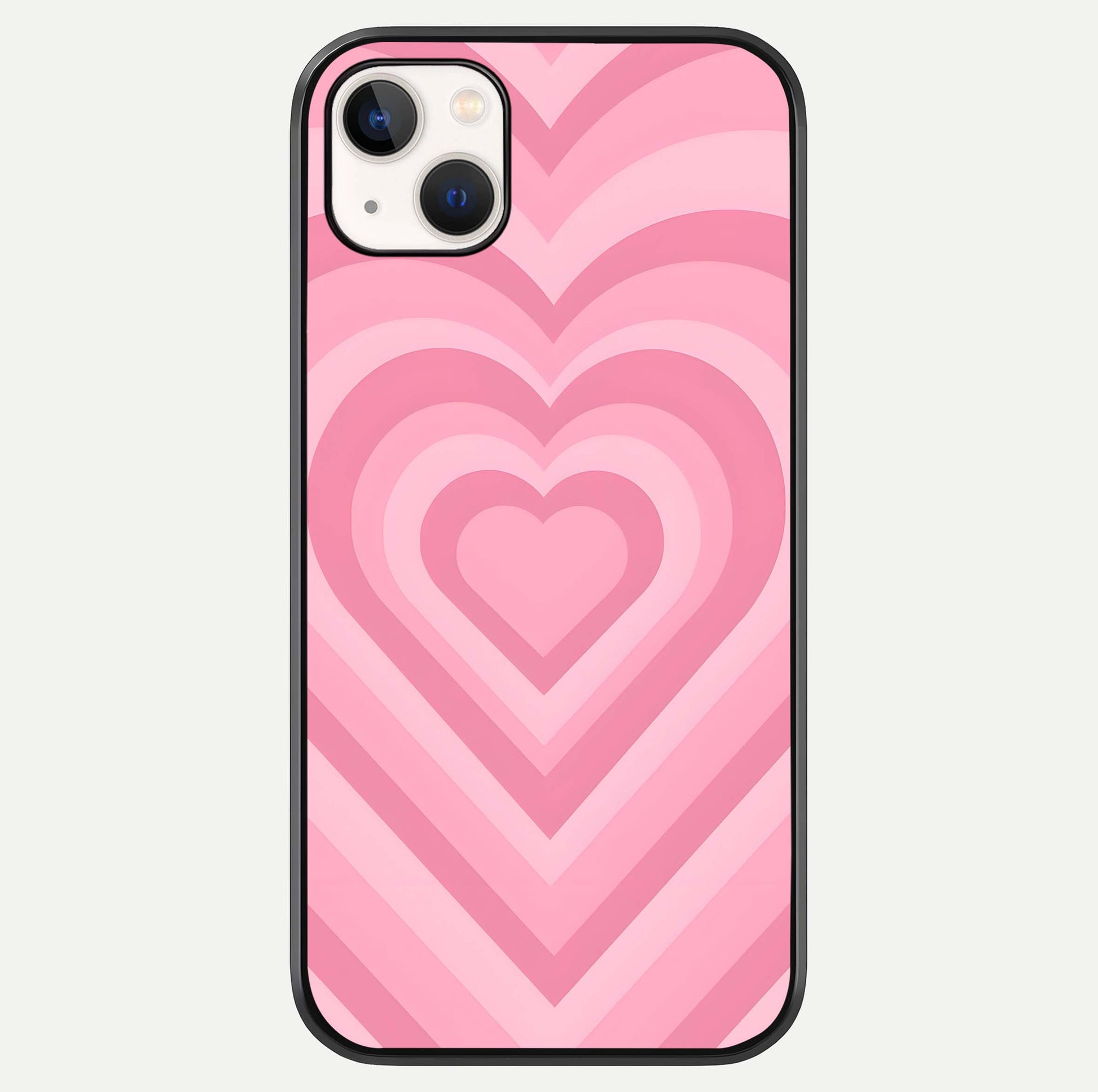 Blush Heart Waves iPhone 14 Plus glass phone case front view showcasing flowing heart wave patterns in soft blush tones