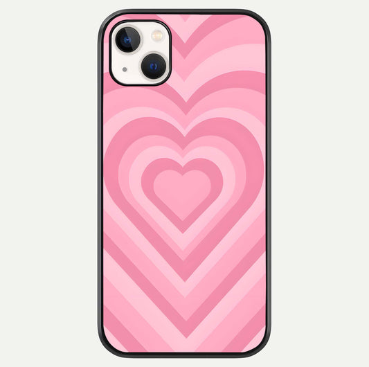 Blush Heart Waves iPhone 14 Plus glass phone case front view showcasing flowing heart wave patterns in soft blush tones