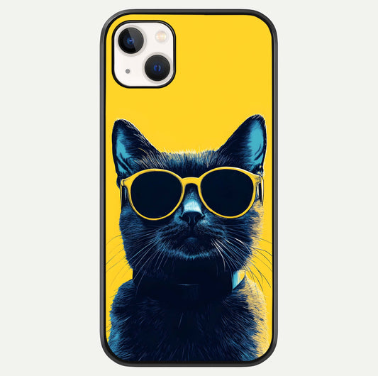 Cool Cat Vibes iPhone 14 Plus glass phone case front view featuring playful cat illustration with cool aesthetic tones