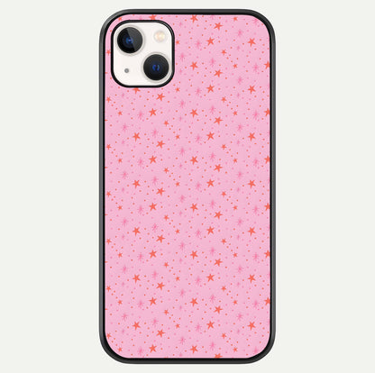 Cosmic Pink Sparkle iPhone 14 Plus glass phone case front view showcasing shimmering pink cosmic artwork with glossy finish