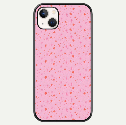 Cosmic Pink Sparkle iPhone 14 Plus glass phone case front view showcasing shimmering pink cosmic artwork with glossy finish