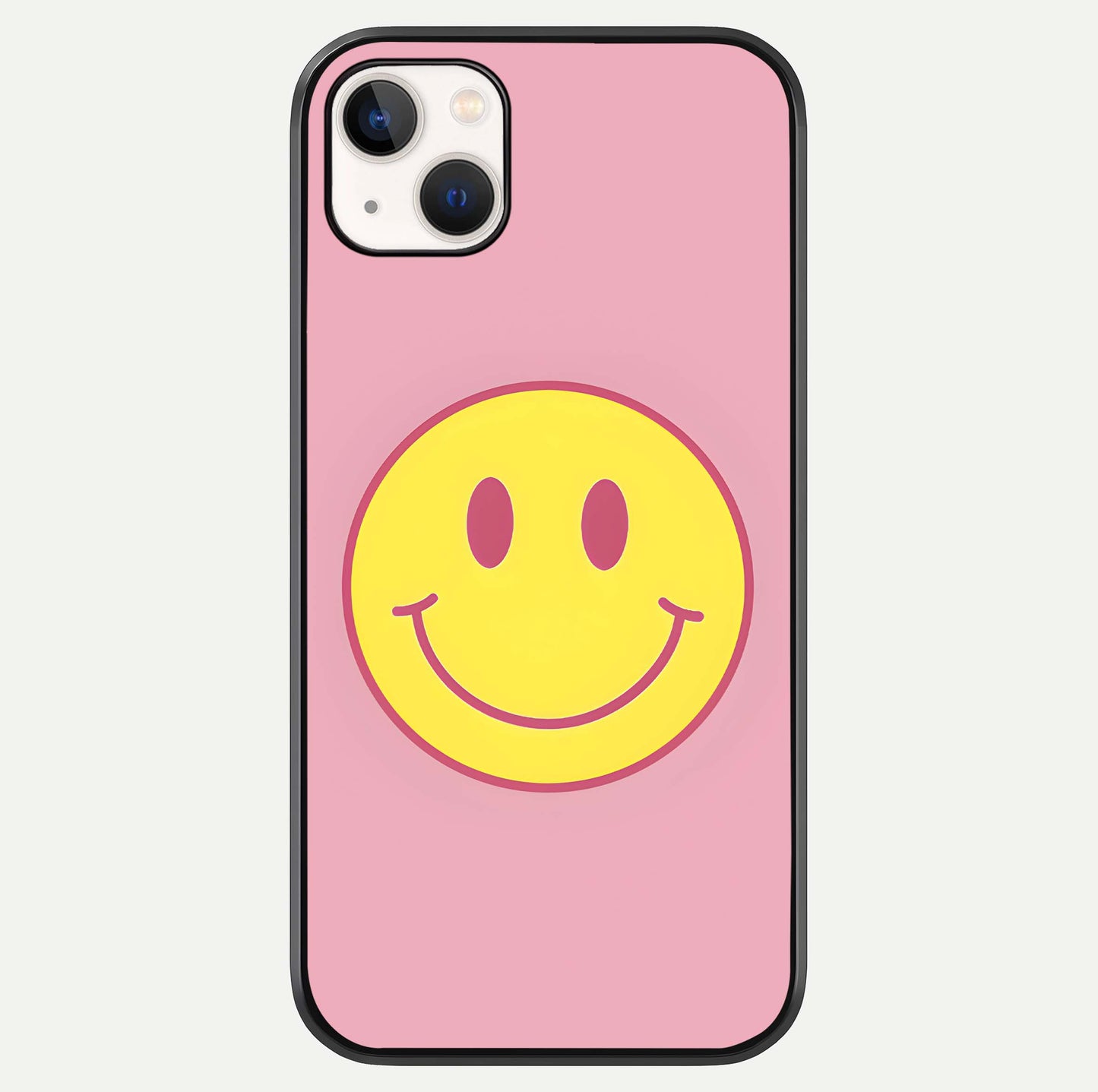 Happy Pink Mood iPhone 14 Plus glass phone case front view featuring cheerful pink tones and playful aesthetic design
