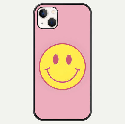 Happy Pink Mood iPhone 14 Plus glass phone case front view featuring cheerful pink tones and playful aesthetic design