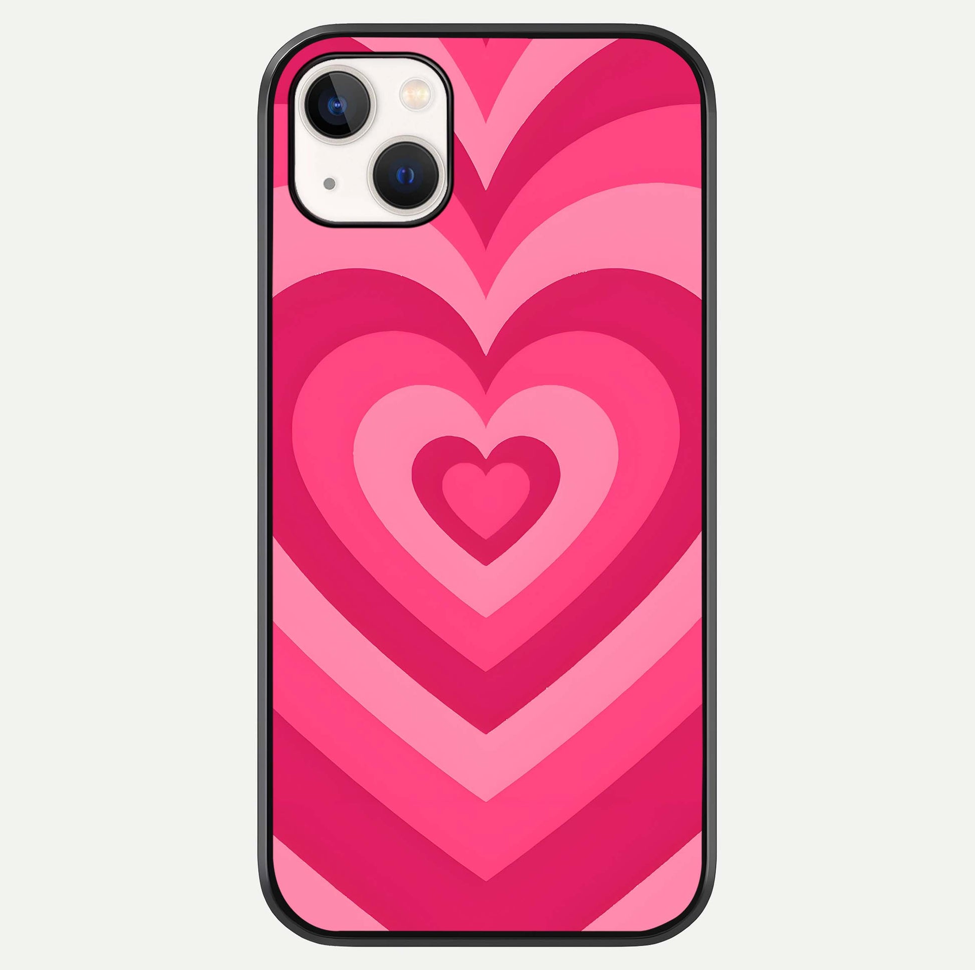 Layered Love Hearts iPhone 14 Plus glass phone case front view showcasing layered heart patterns with romantic aesthetic