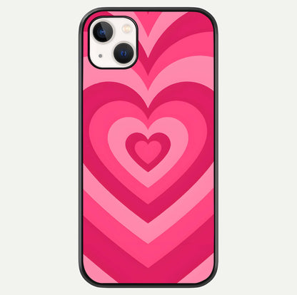 Layered Love Hearts iPhone 14 Plus glass phone case front view showcasing layered heart patterns with romantic aesthetic