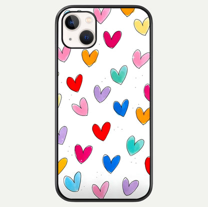 Playful Love Doodles iPhone 14 Plus glass phone case front view featuring cute love doodle illustrations with fun vibe