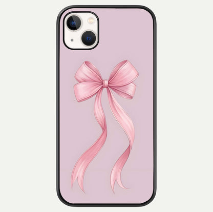 Soft Blush Bow iPhone 14 Plus glass phone case front view showcasing soft blush tones with elegant bow design