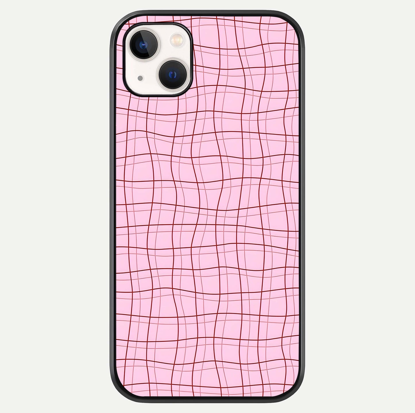 Soft Grid Bliss iPhone 14 Plus glass phone case front view showcasing minimal grid pattern with soft aesthetic