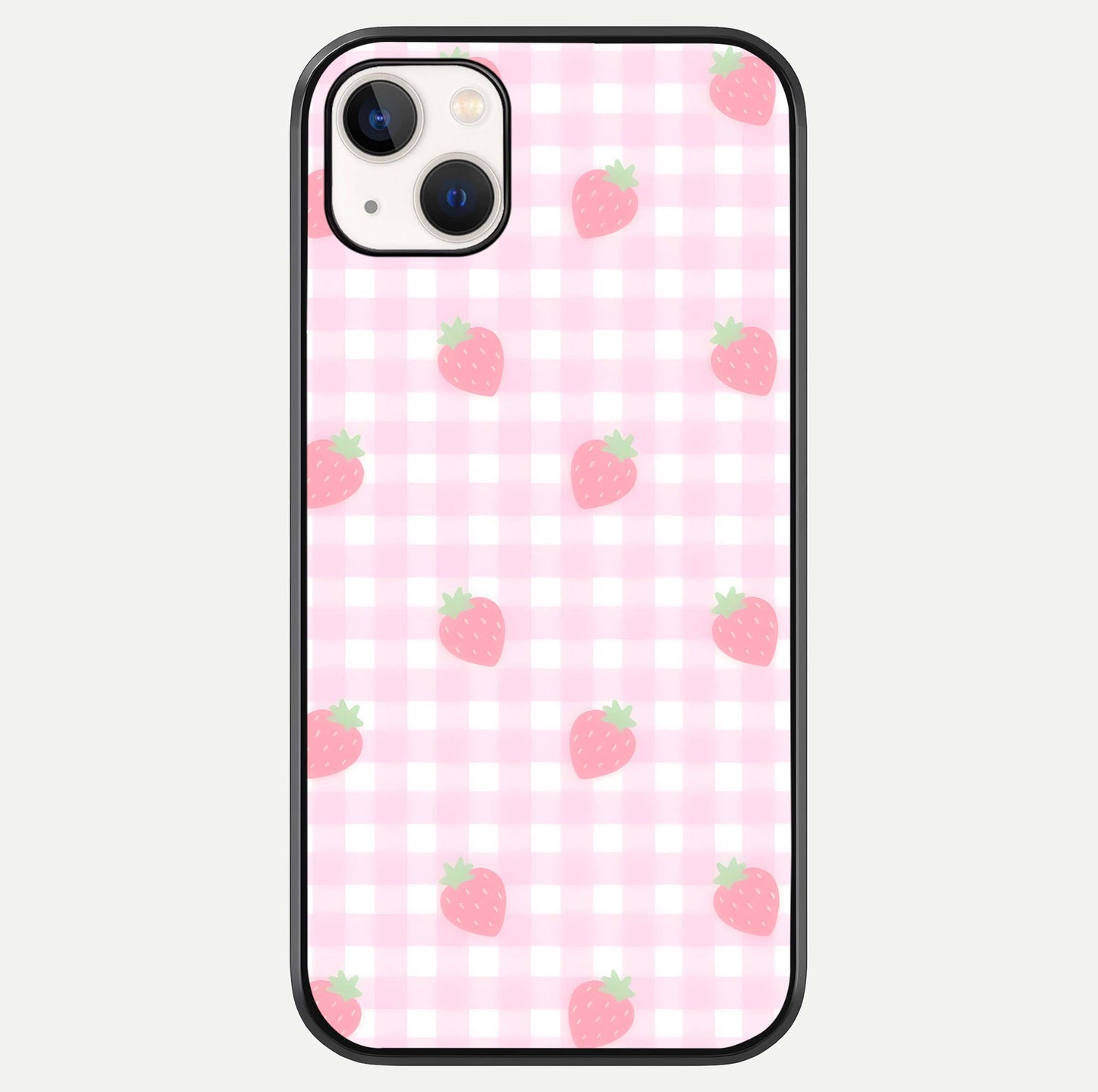 Strawberry Picnic Love iPhone 14 Plus glass phone case front view featuring cute strawberry picnic artwork with romantic vibe