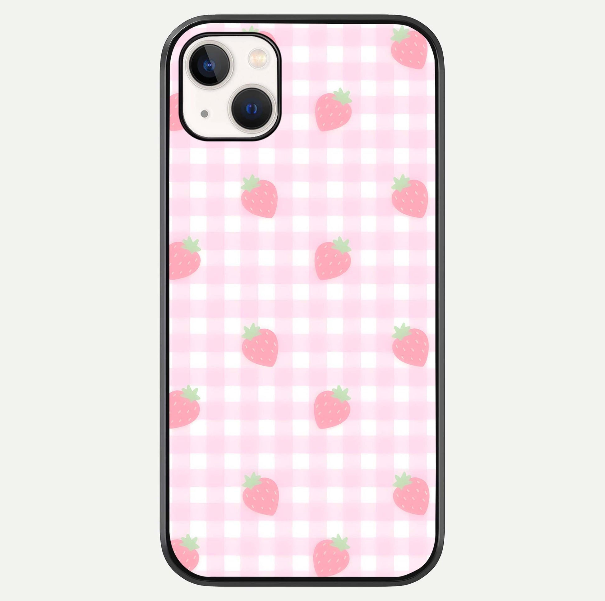 Strawberry Picnic Love iPhone 14 Plus glass phone case front view featuring cute strawberry picnic artwork with romantic vibe
