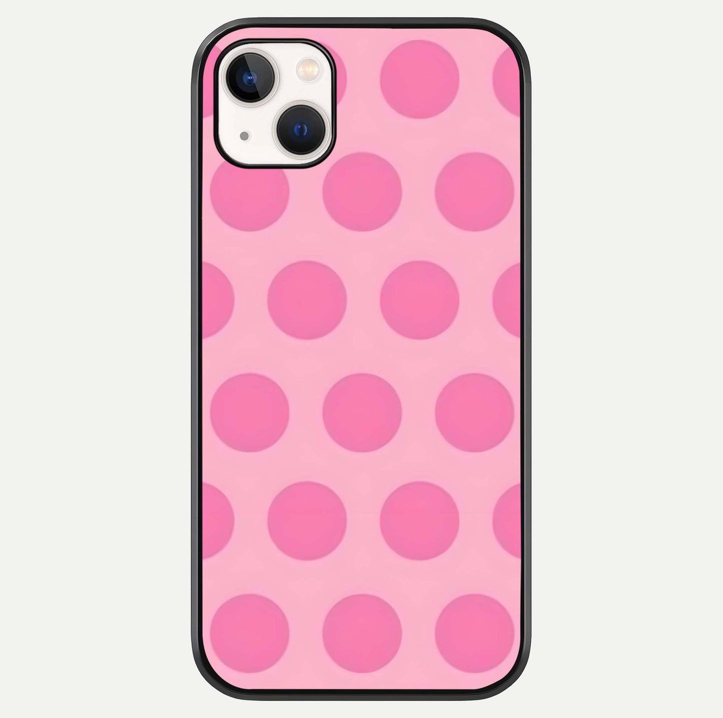 Sweet Dot Dreams iPhone 14 Plus glass phone case front view showcasing playful dot patterns with dreamy aesthetic