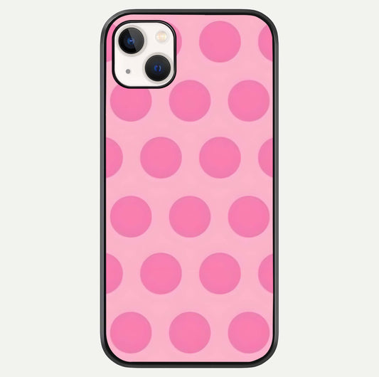 Sweet Dot Dreams iPhone 14 Plus glass phone case front view showcasing playful dot patterns with dreamy aesthetic