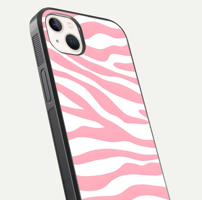 Blush Zebra Flow iPhone 14 Plus glass phone case angled back view highlighting bold zebra artwork and textured side grip