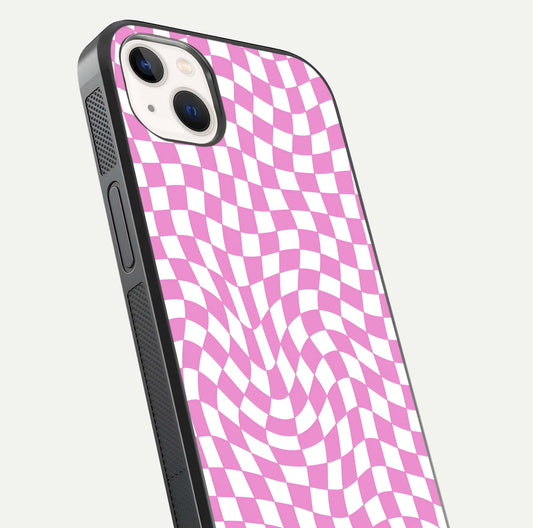 Bubblegum Check Wave iPhone 14 Plus glass phone case angled back view highlighting check wave artwork and side grip texture